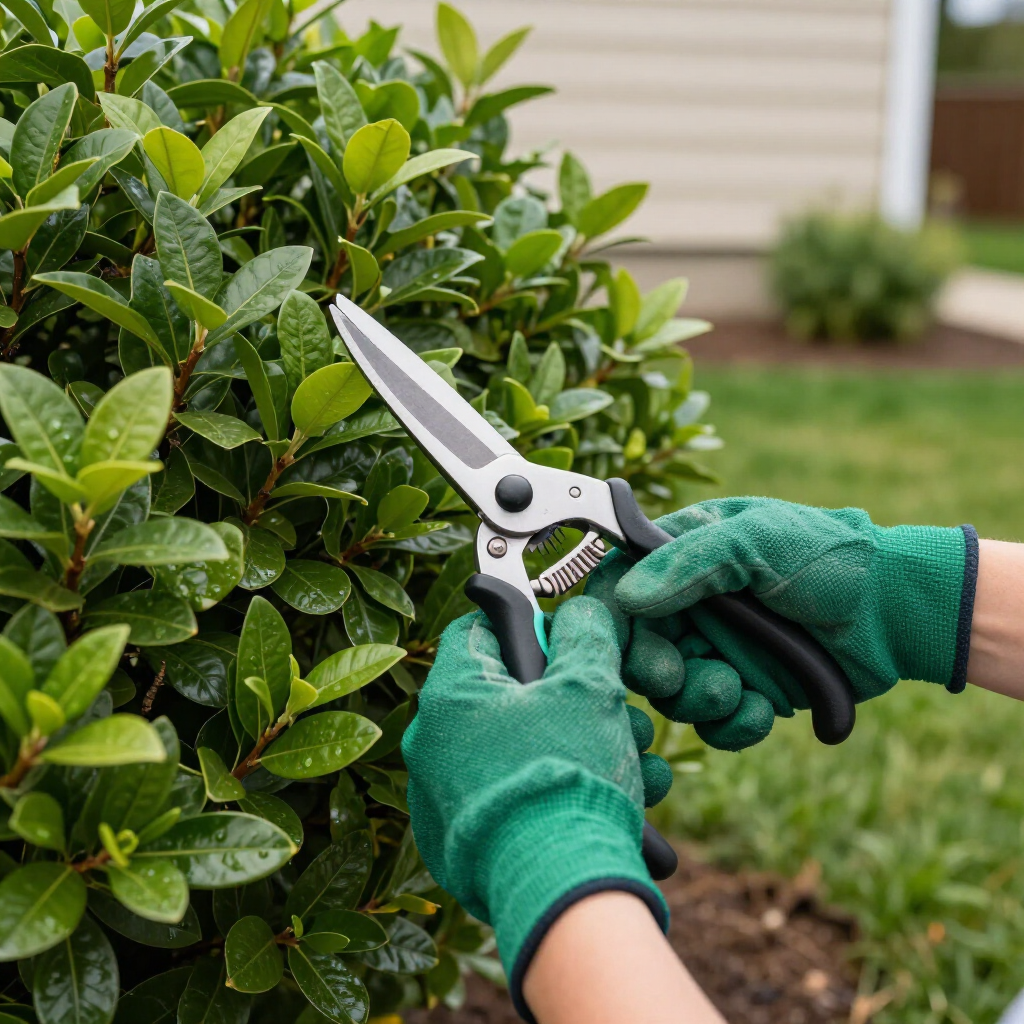 Manos con guantes de jardinería verdes utilizando tijeras de podar para recortar un arbusto