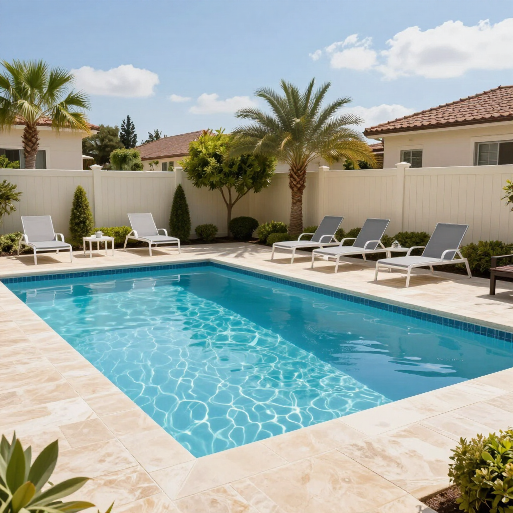 Una piscina rectangular azul rodeada por un patio de piedra beige y tumbonas en un jardín trasero soleado y vallado.