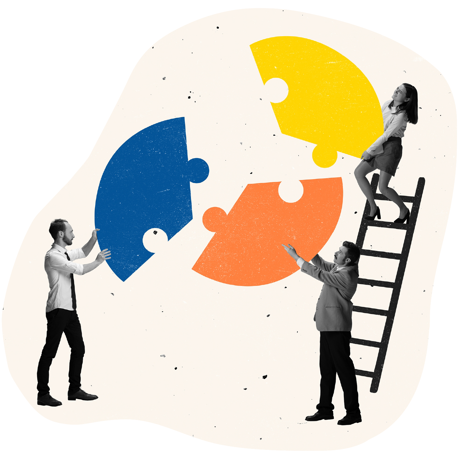 A man and a woman are standing on a ladder holding puzzle pieces.