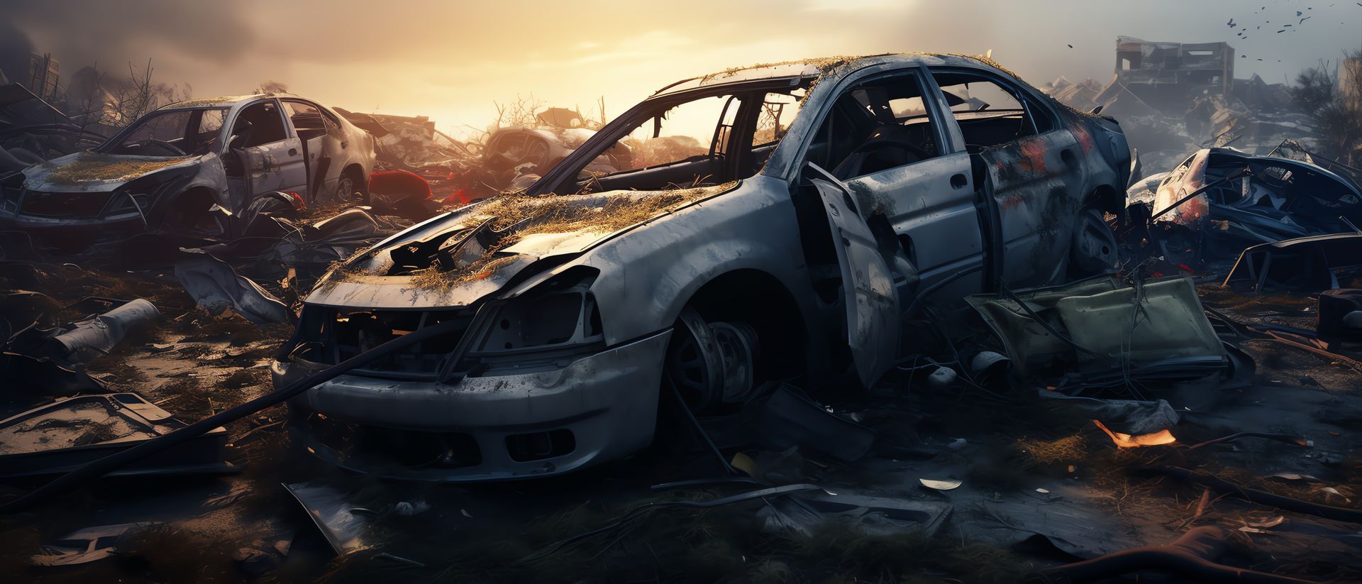 Burned-out sedan amid rubble and smoke at sunset after a crash or explosion