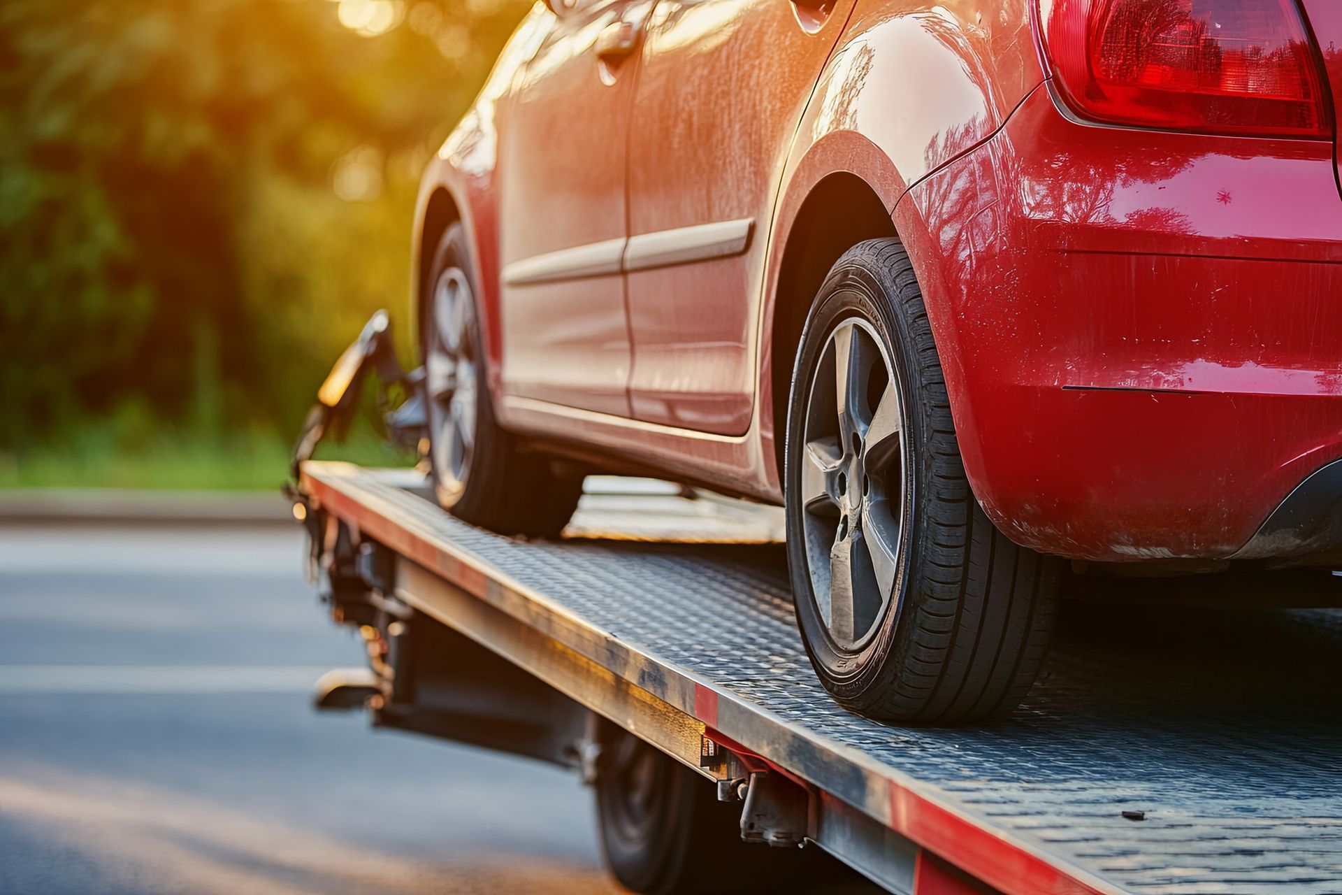 Red car secured on a flatbed tow truck on a road at sunset
