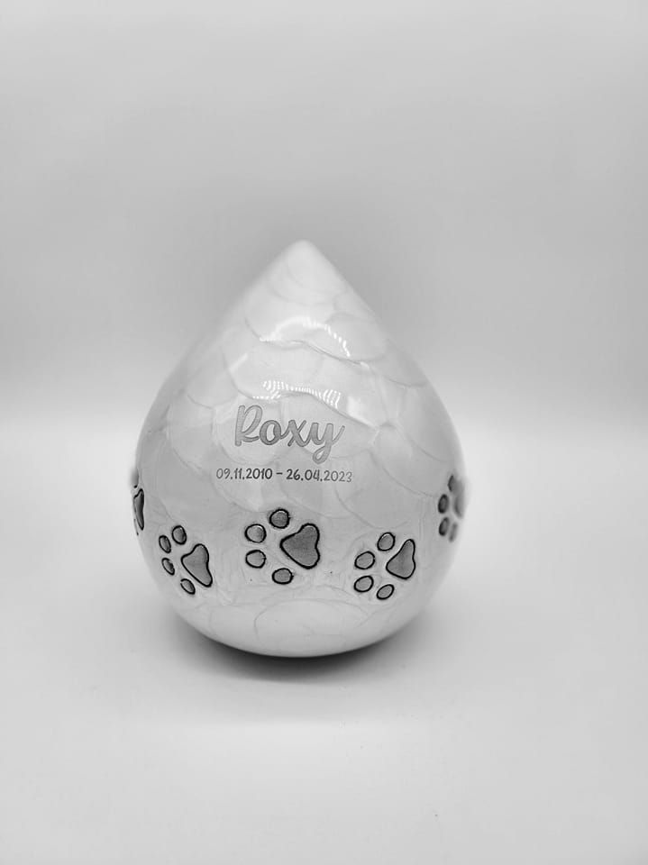 A Pear-shaped, White Pet Urn With Paw Prints — Furever Pet Cremations in Gladstone, QLD