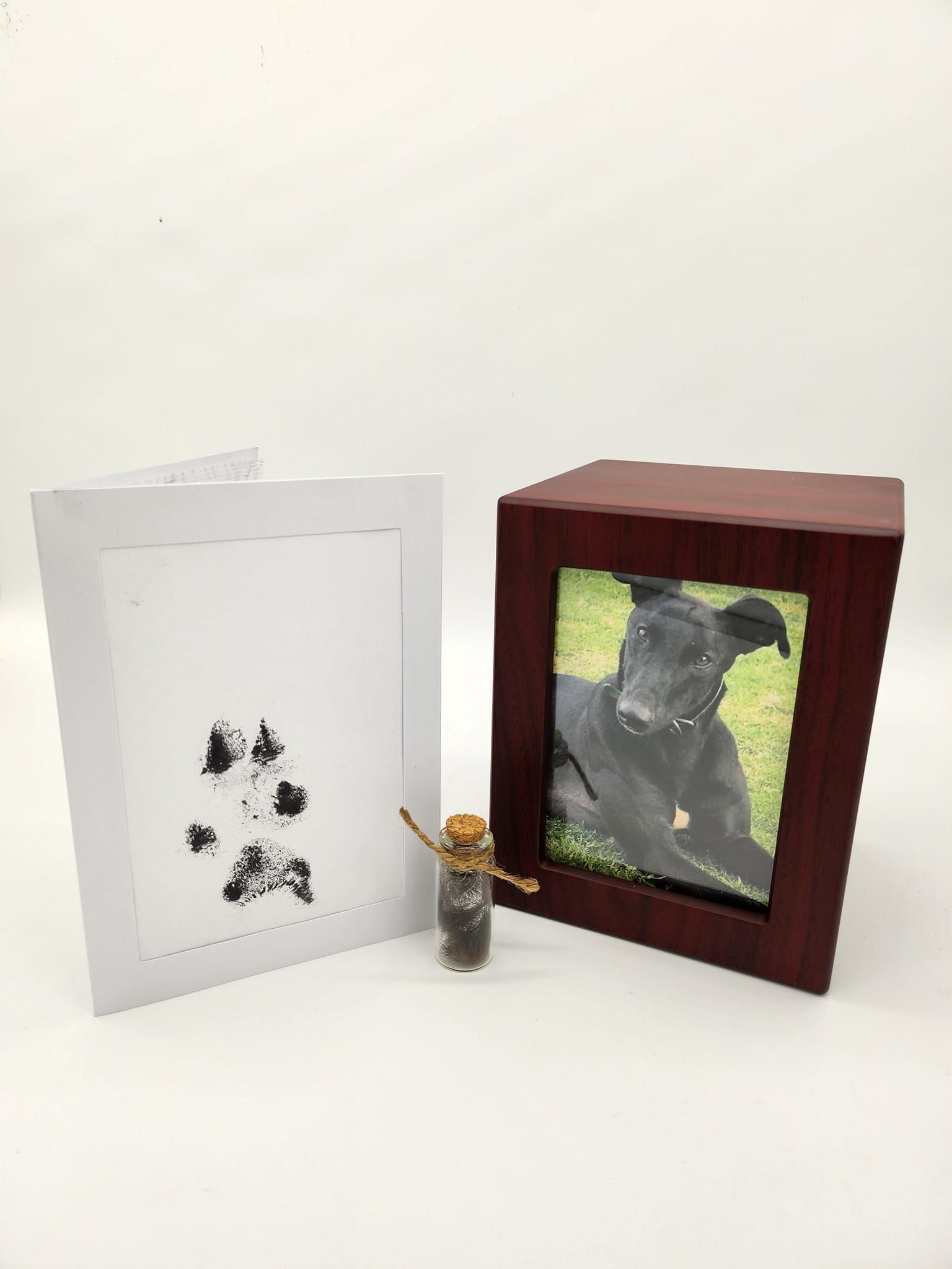 A Memorial Setup: Framed Photo of a Black Dog, Card With Paw Prints — Furever Pet Cremations in Gladstone, QLD