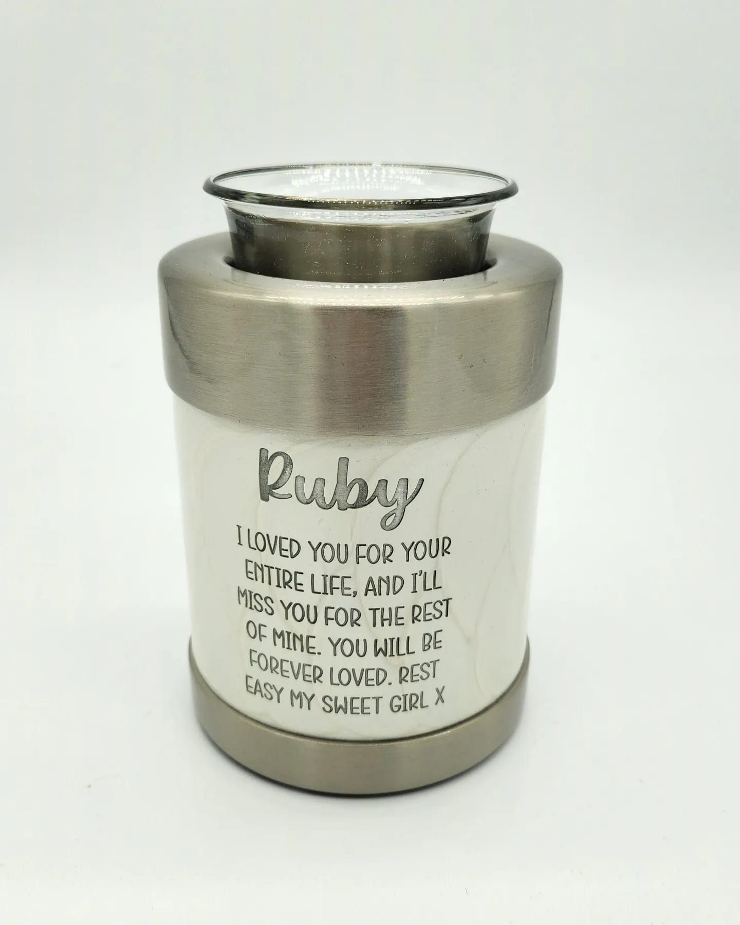 White and Silver Candle Holder With the Name — Furever Pet Cremations in Gladstone, QLD