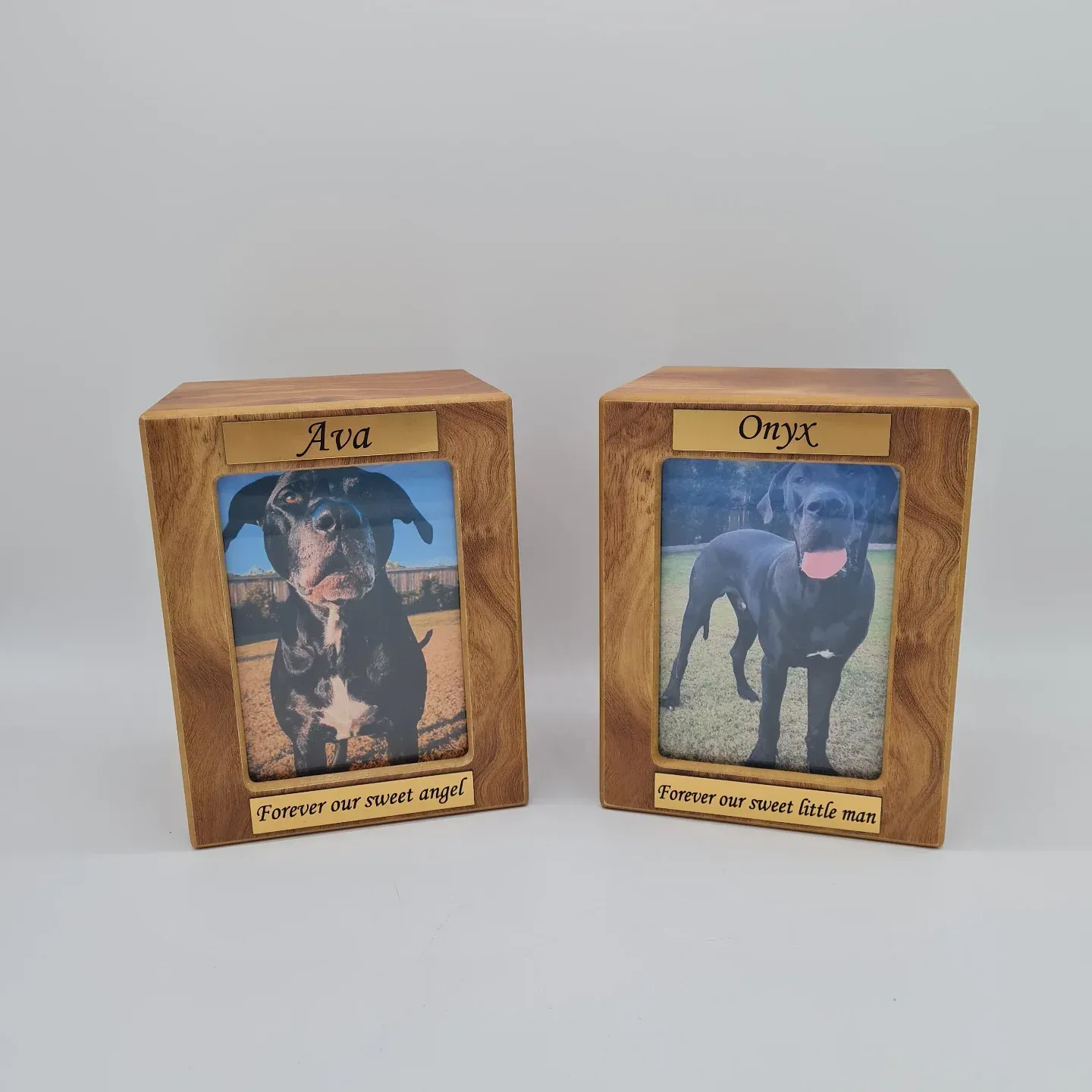 Two Wooden Photo Urns With Dog Photos — Furever Pet Cremations in Rockhampton, QLD