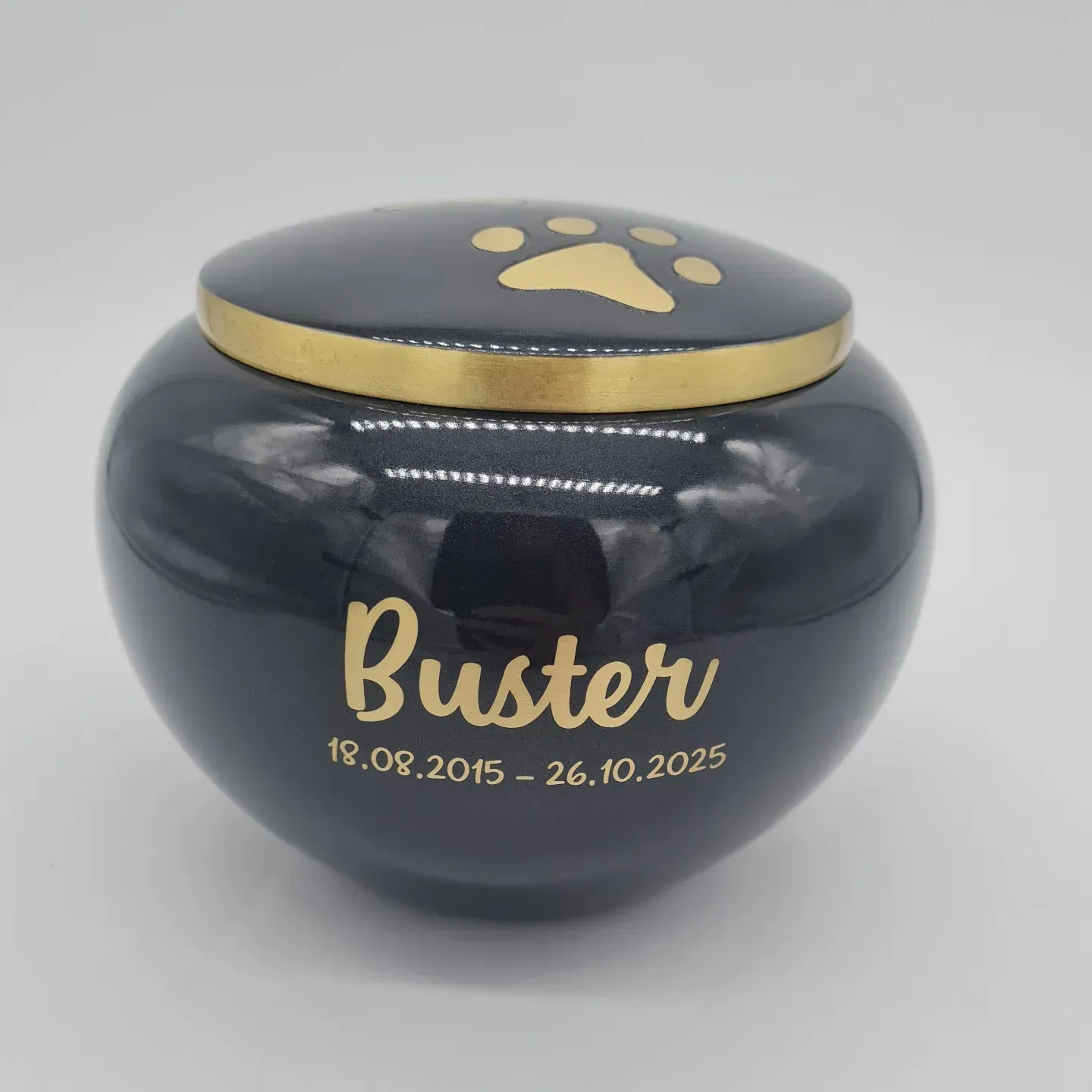 Black Pet Cremation Urn With Gold Paw Print, Rim, and Inscription — Furever Pet Cremations in Yeppoon, QLD