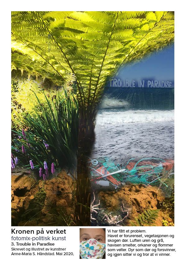 Et bilde av en bregne og en person som har på seg en ansiktsmaske.