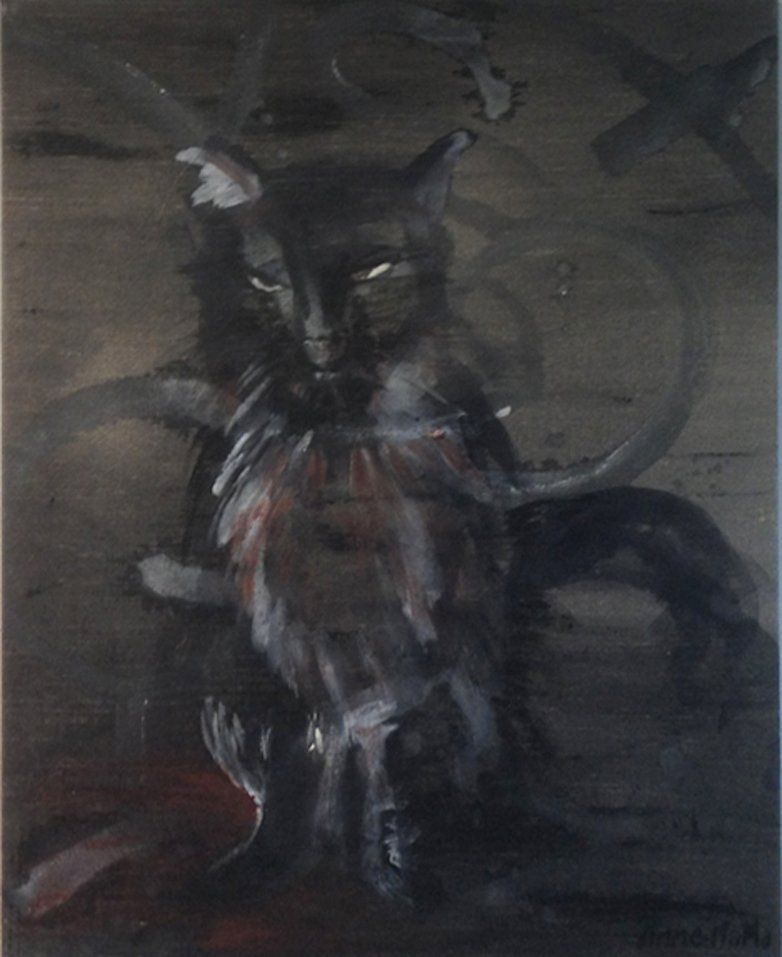 Et maleri av en svart katt som sitter på en svart bakke