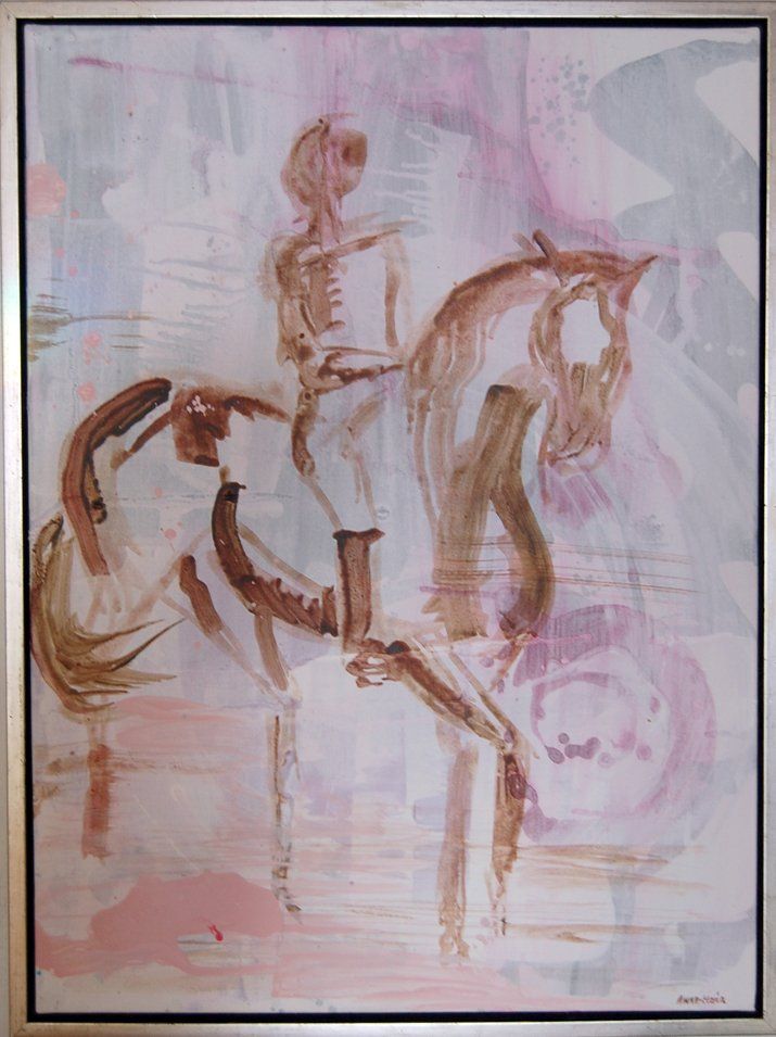 Et maleri av en mann som rir på ryggen til en hest