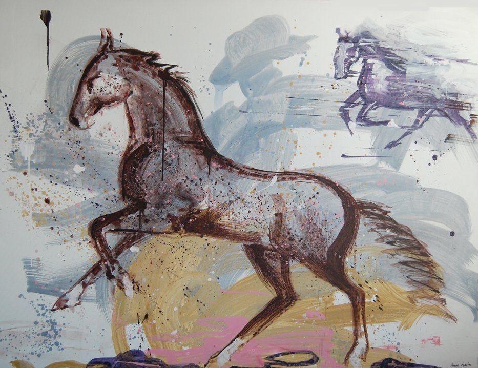 Et maleri av to hester som løper på en hvit bakgrunn