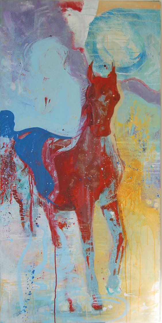 Det er et maleri av en person som rir på en hest.