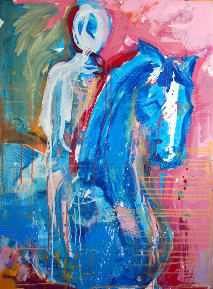 Et maleri av en person som rir på en blå hest