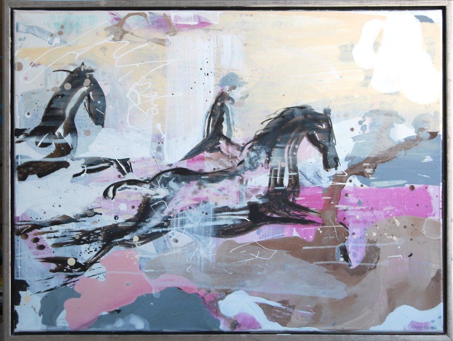 Et innrammet maleri av en mann som rir på en hest