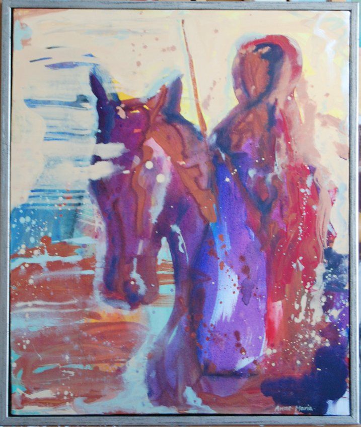 Et fargerikt maleri av en mann som rir på en hest