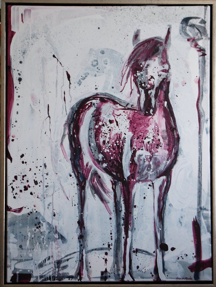 Et innrammet maleri av en hest med lilla manke