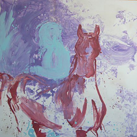 Et lilla og blått maleri av en hest