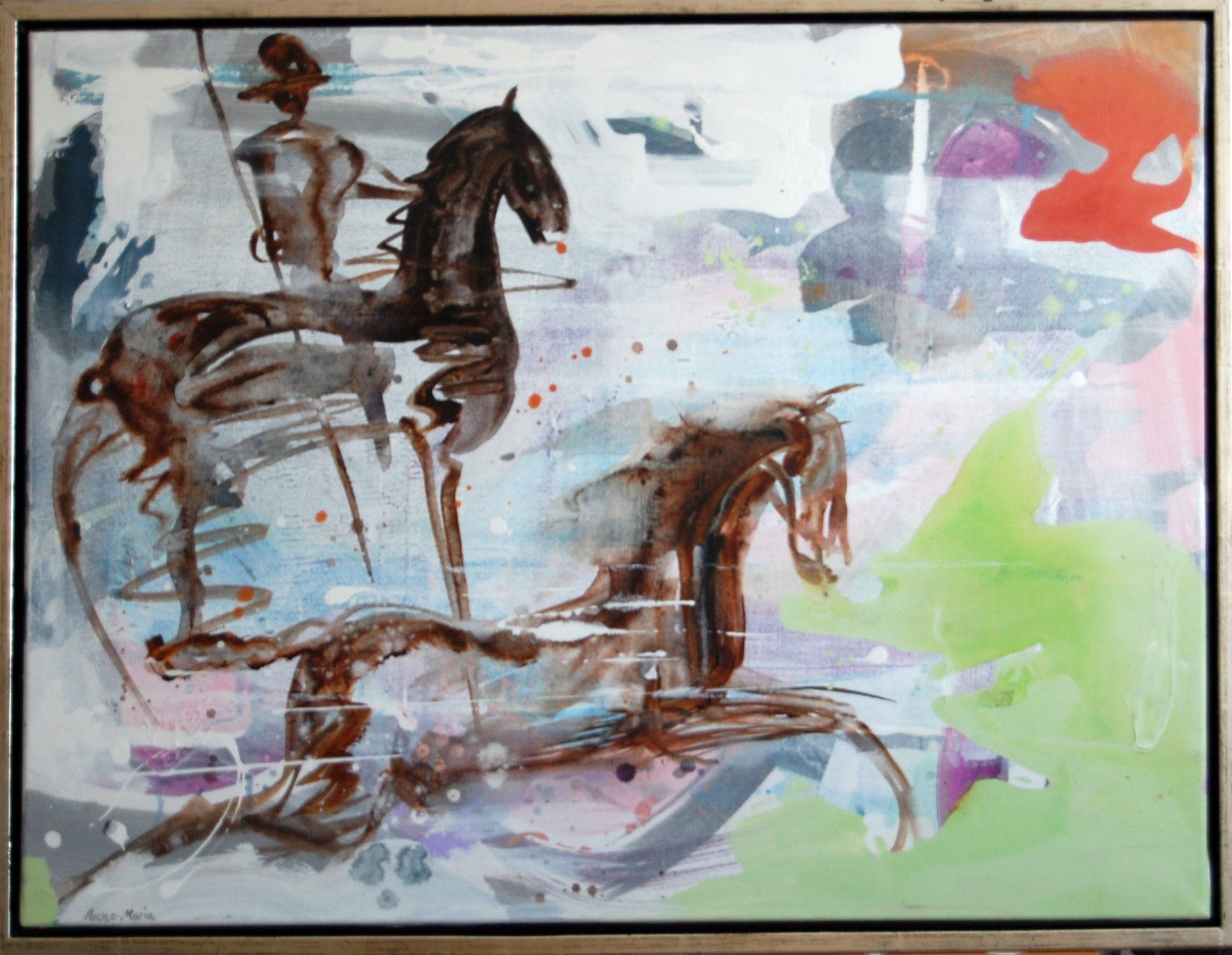 Et innrammet maleri av en mann som rir på en hest, med en løpende hest vedsiden av.