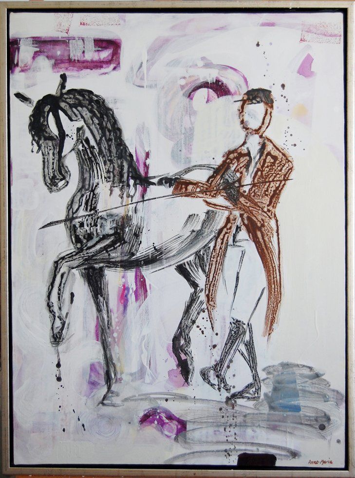 Et innrammet maleri av en mann som rir på en hest