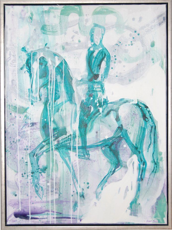 Et maleri av en mann som rir på ryggen til en hest