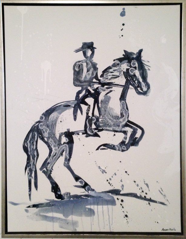 Et svart-hvitt maleri av en mann som rir på en hest