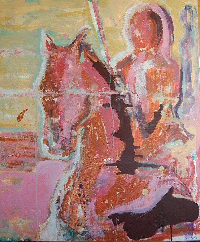 Et maleri av en kvinne som rir på ryggen av en hest.