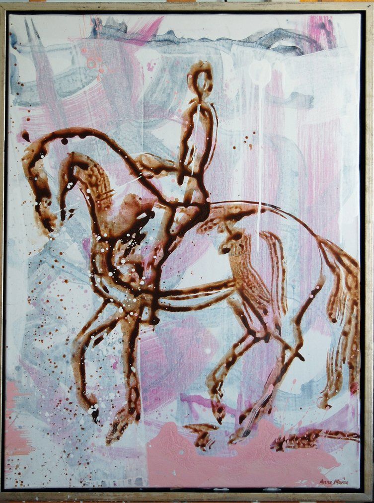 Et maleri av en mann som rir på ryggen til en hest