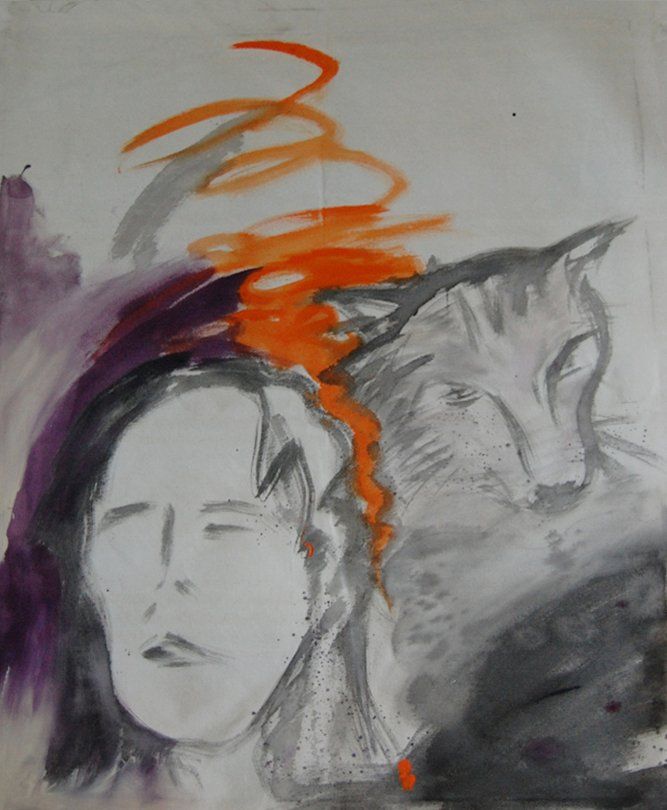 Et maleri av en kvinne med en katt bak seg