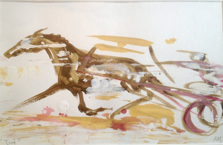 Et maleri av en hest som trekker en vogn med årstallet 2002 på bunnen