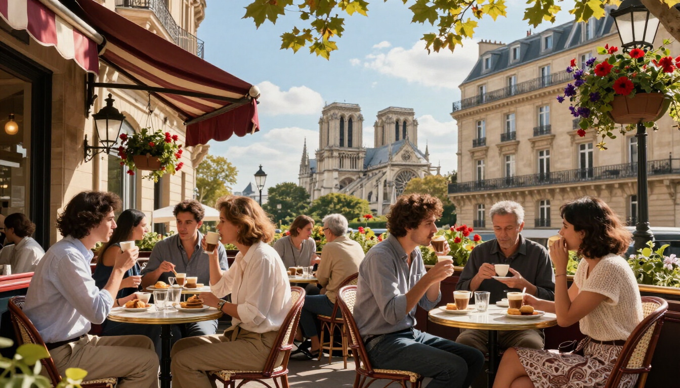 Visitors relaxing at a traditional Parisian café terrace on a sunny afternoon