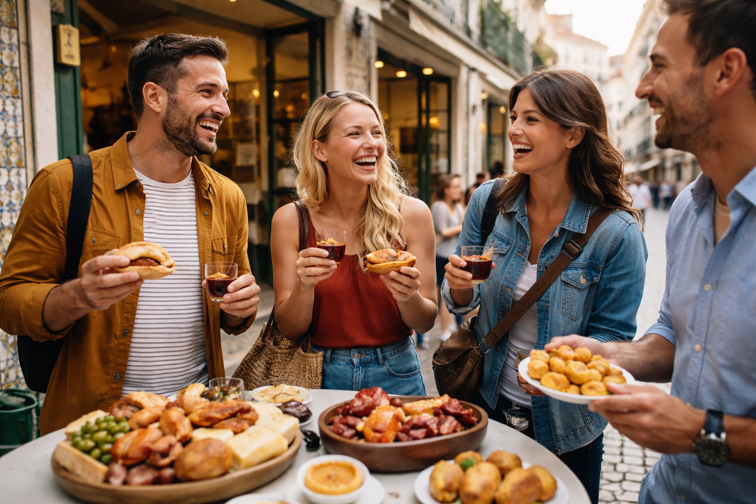 Grupo pequeño disfrutando de comida portuguesa en un food tour por Lisboa en el barrio de Baixa