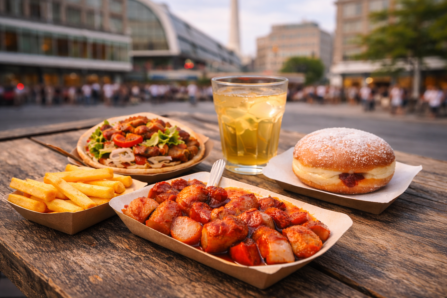Close-up of Berlin street food including currywurst, Berliner dessert and schorle in Alexanderplatz