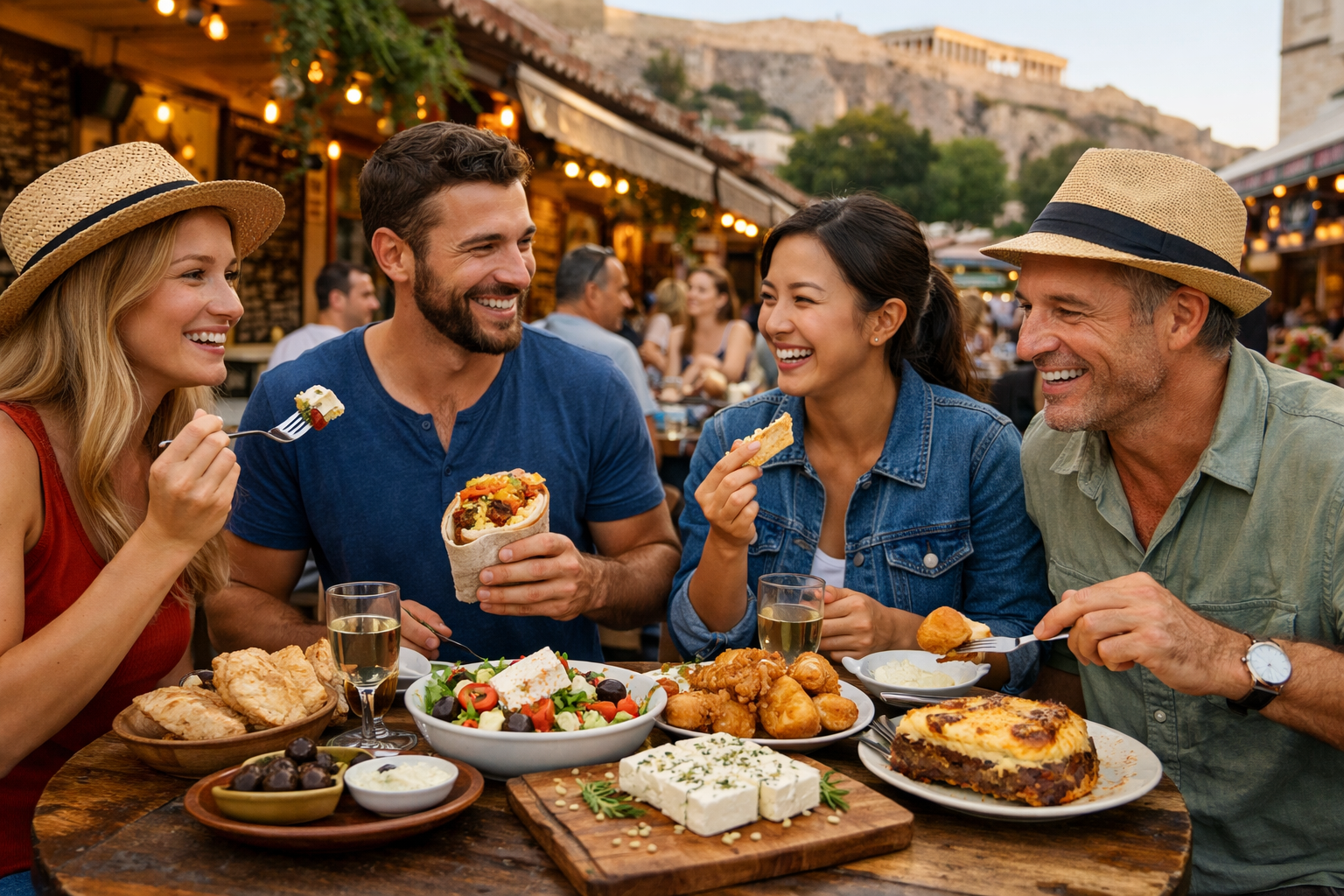 Viajeros disfrutando comida tradicional griega en Atenas con souvlaki, feta y platos locales