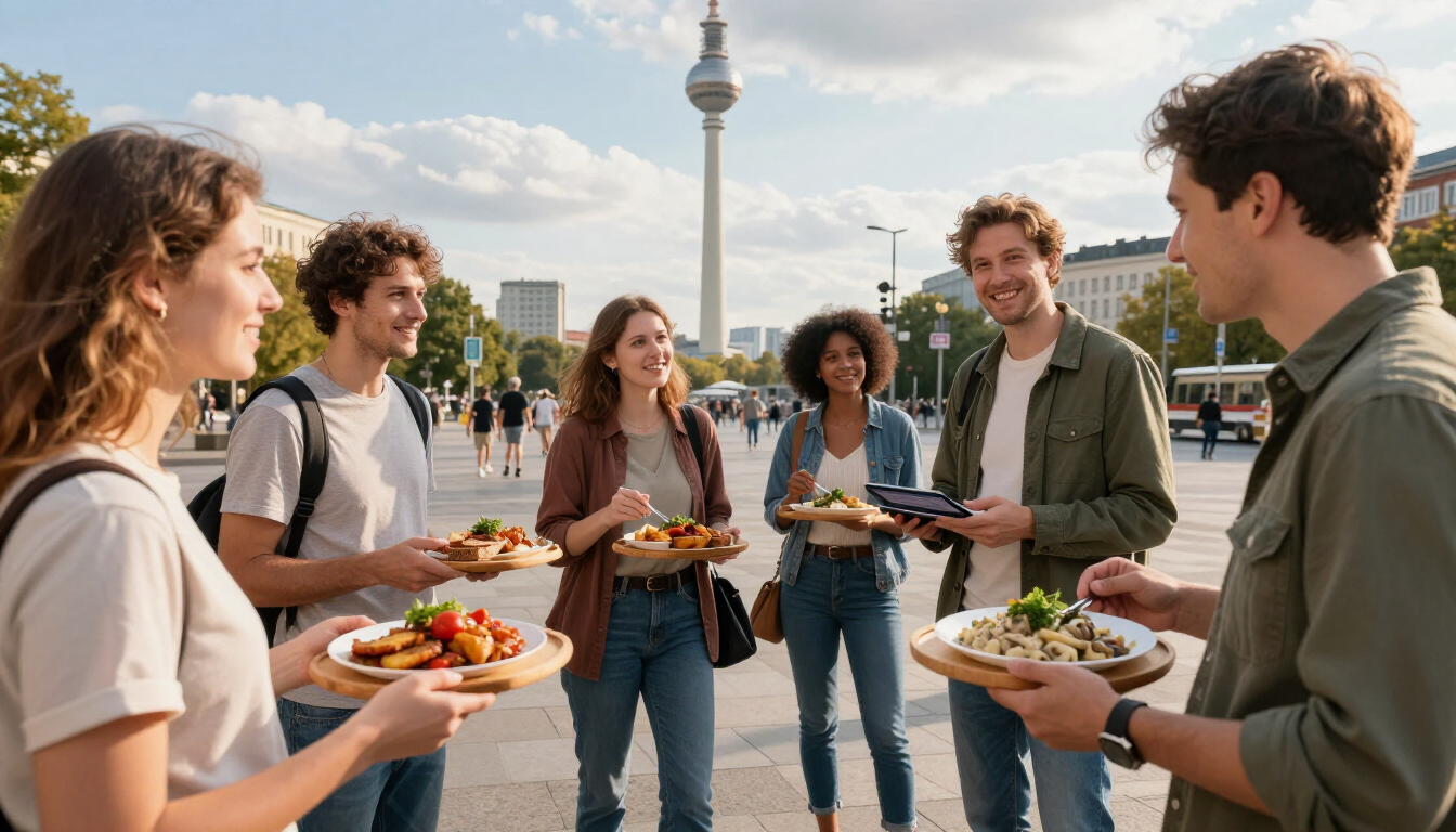 International travelers enjoying vegetarian Berlin specialties with a local guide near Alexanderplatz.