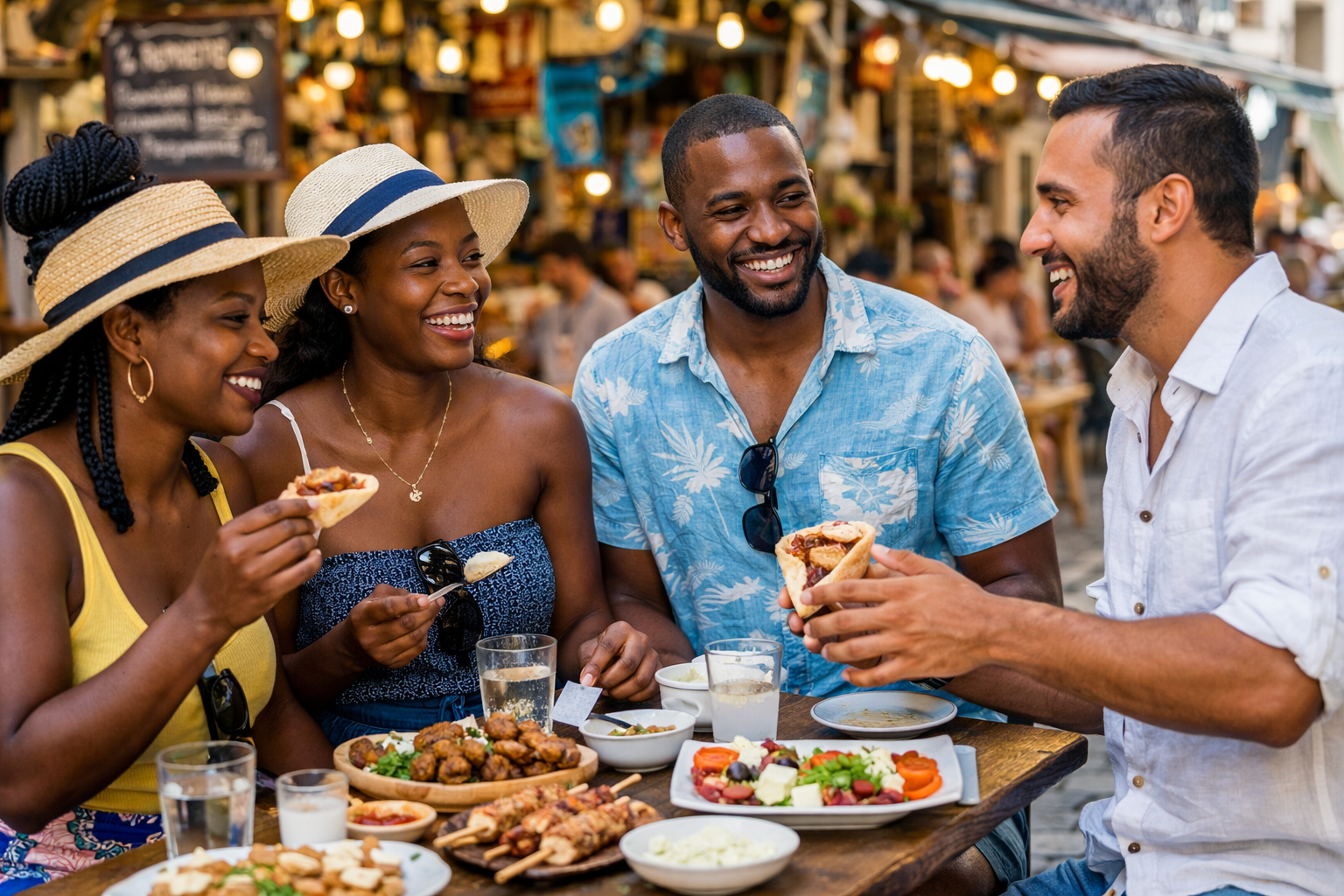 Petit groupe profitant d’un food tour à Athènes en dégustant des spécialités grecques avec un guide 