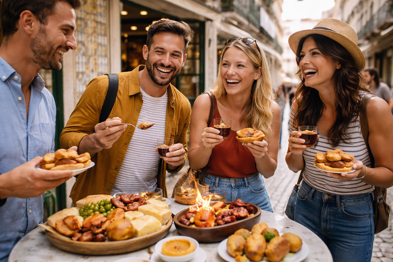 Viajeros disfrutando de un tour gastronómico en Lisboa, probando platos típicos portugueses en Baixa