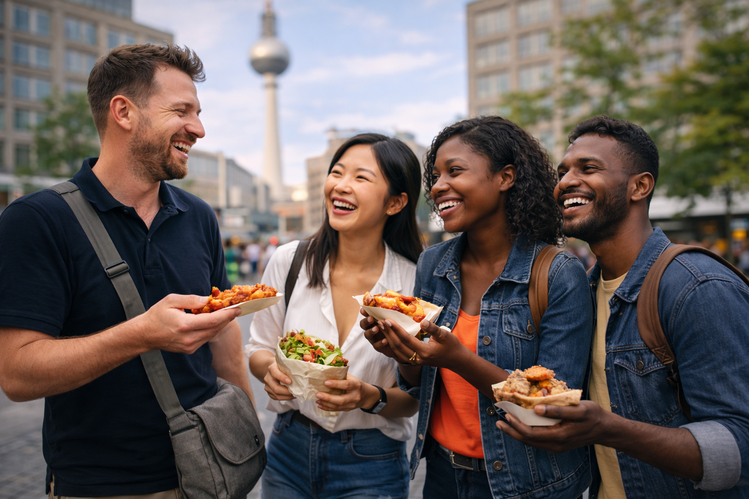 Small group enjoying a Berlin food tour near Alexanderplatz tasting local specialties with a guide