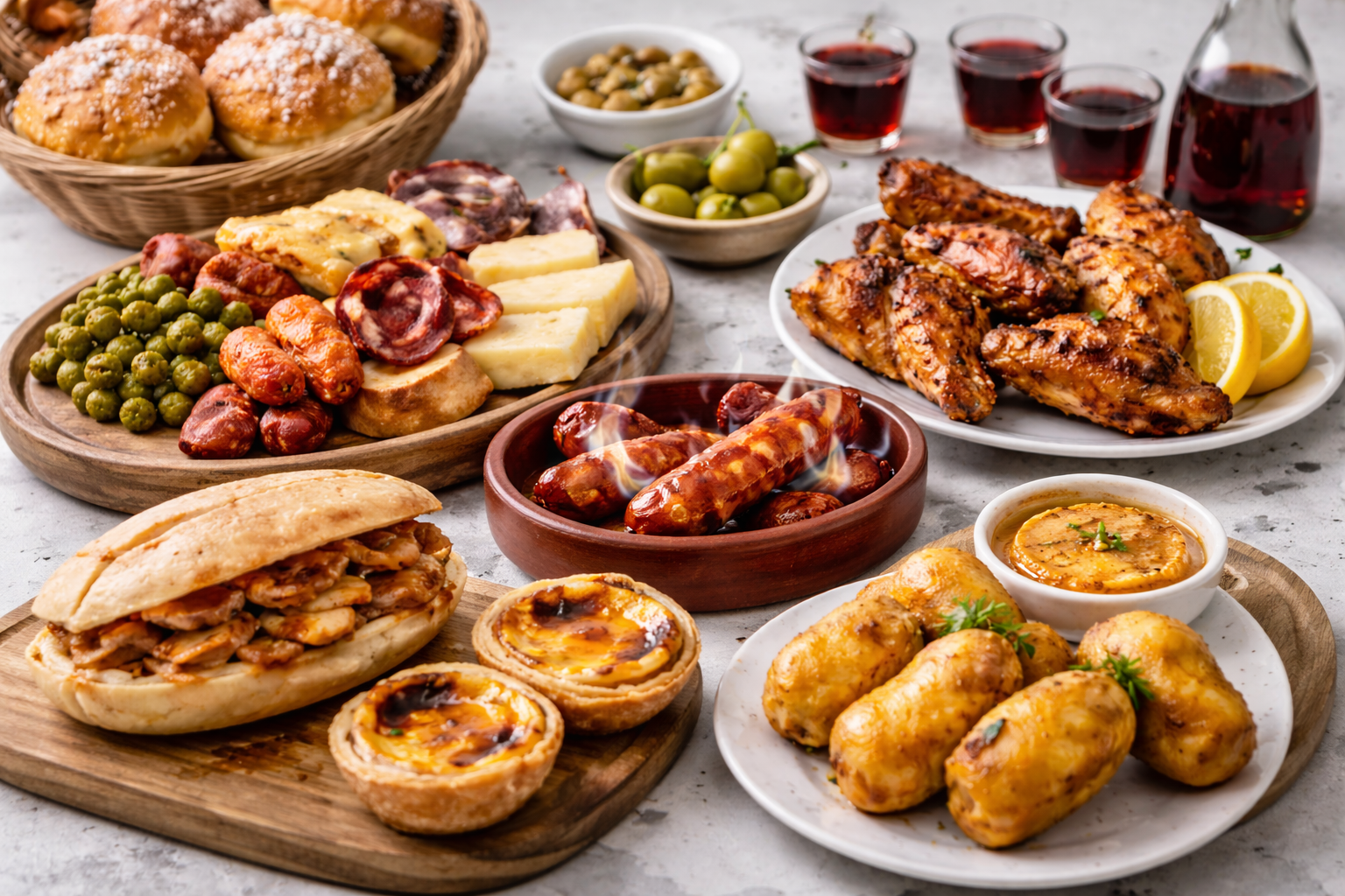 Selección de comida típica de Lisboa con bifana, pasteles, bacalao y platos tradicionales portuguese