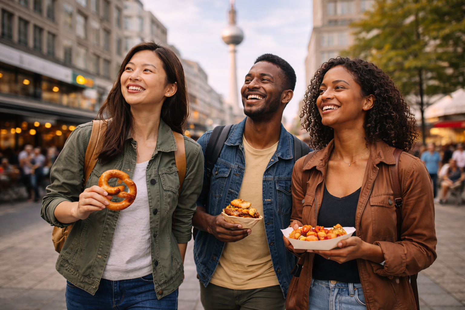 Travelers exploring Berlin food culture near Alexanderplatz enjoying local snacks in a lively city