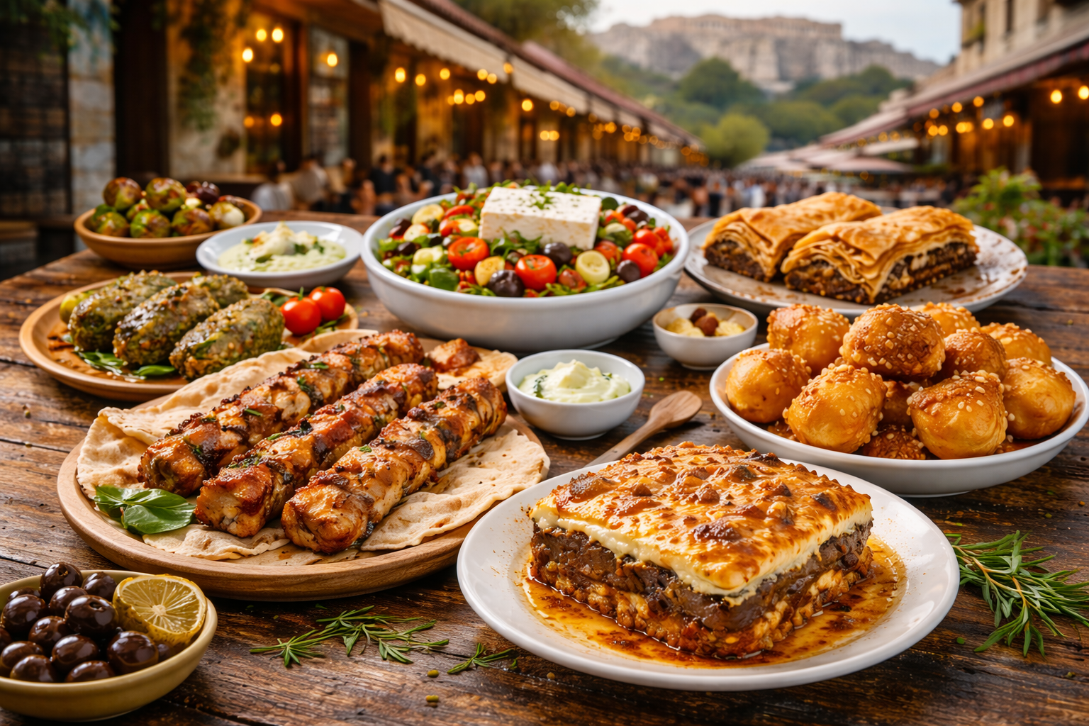 Traditional Greek dishes in Athens including souvlaki, moussaka, baklava, and local street food