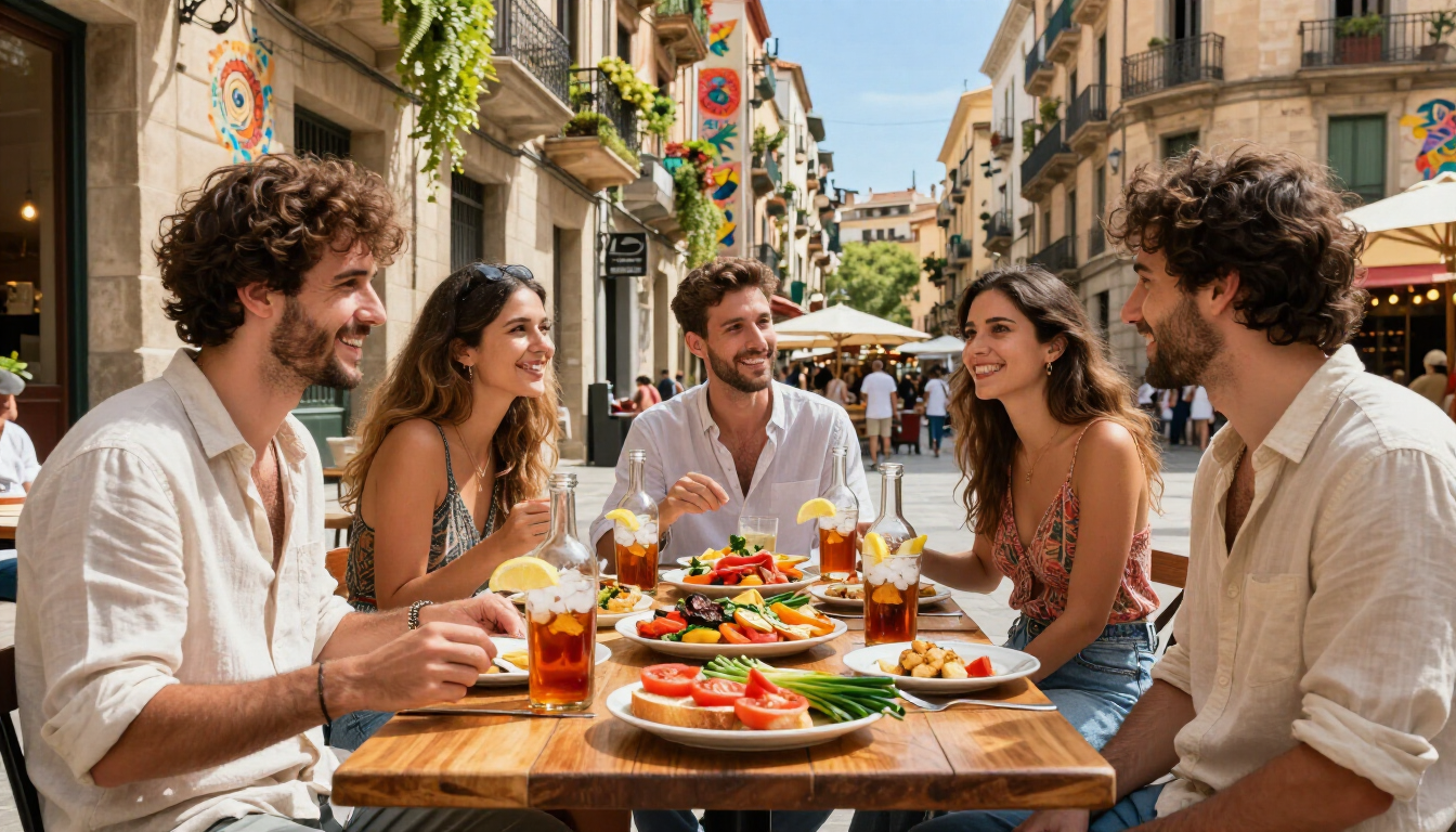 Voyageurs dégustant des spécialités catalanes et du vermouth artisanal dans le quartier de Gràcia 