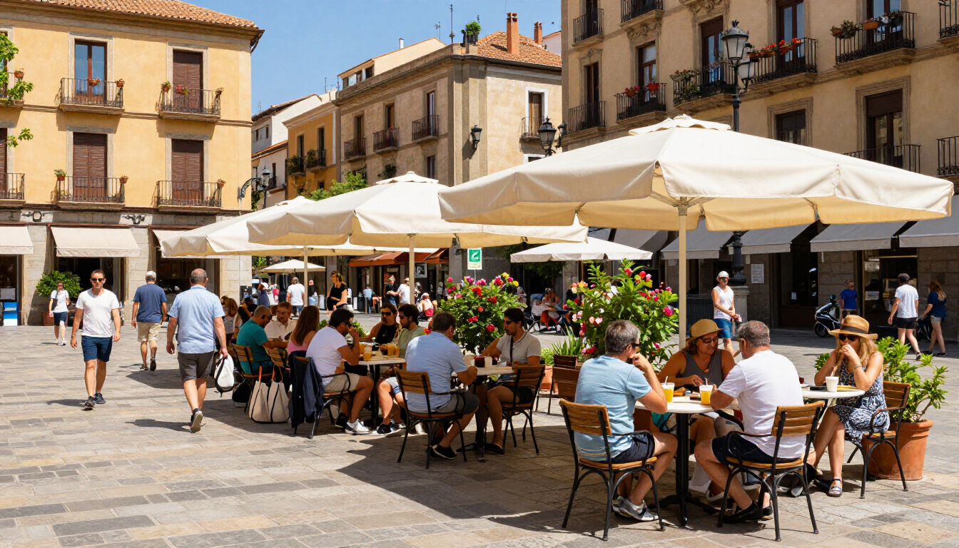 Locals and travelers enjoying one of Gràcia's vibrant public squares on a summer afternoon