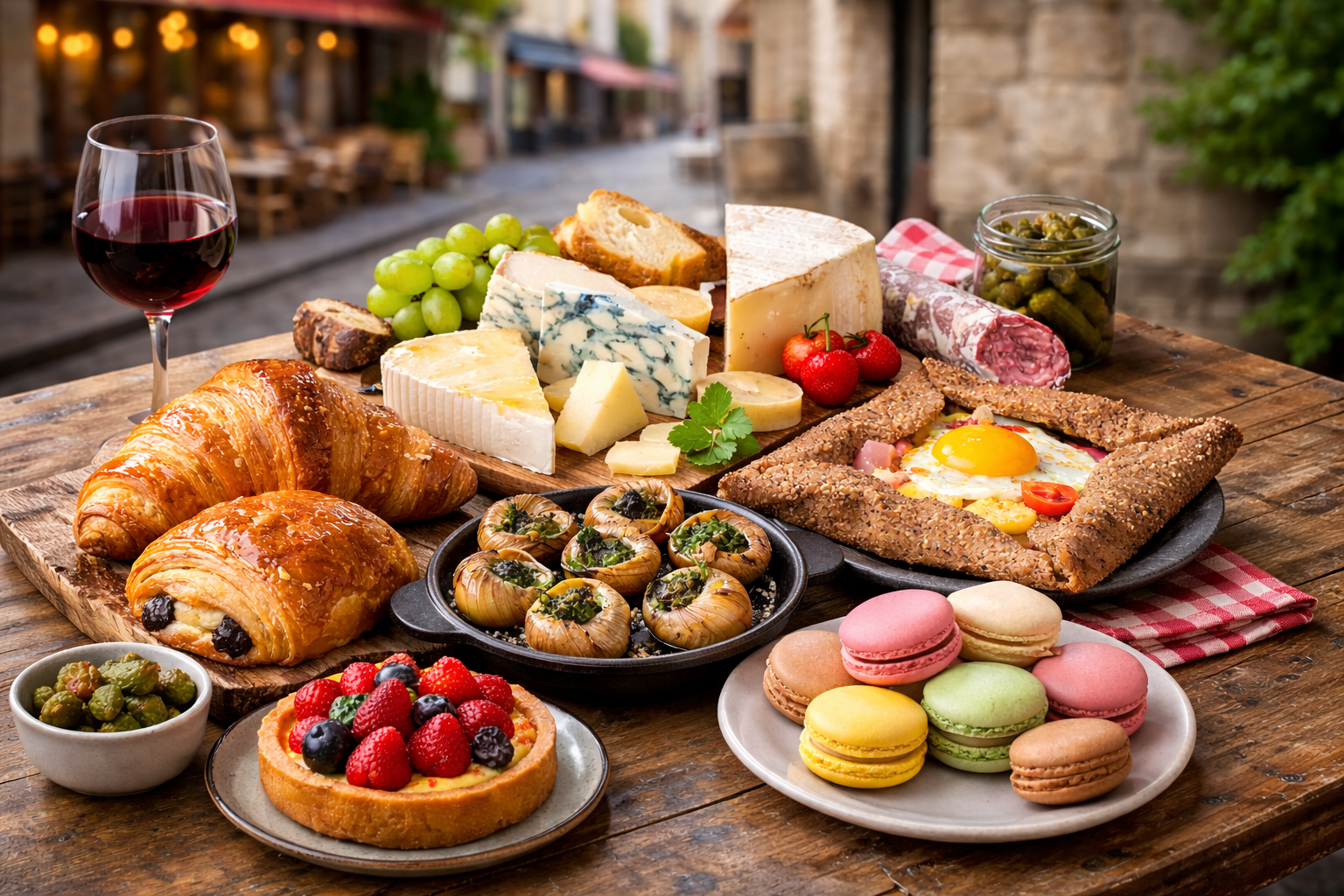Selection of must-try Paris foods croissants, cheese, macarons and local specialties in Le Marais