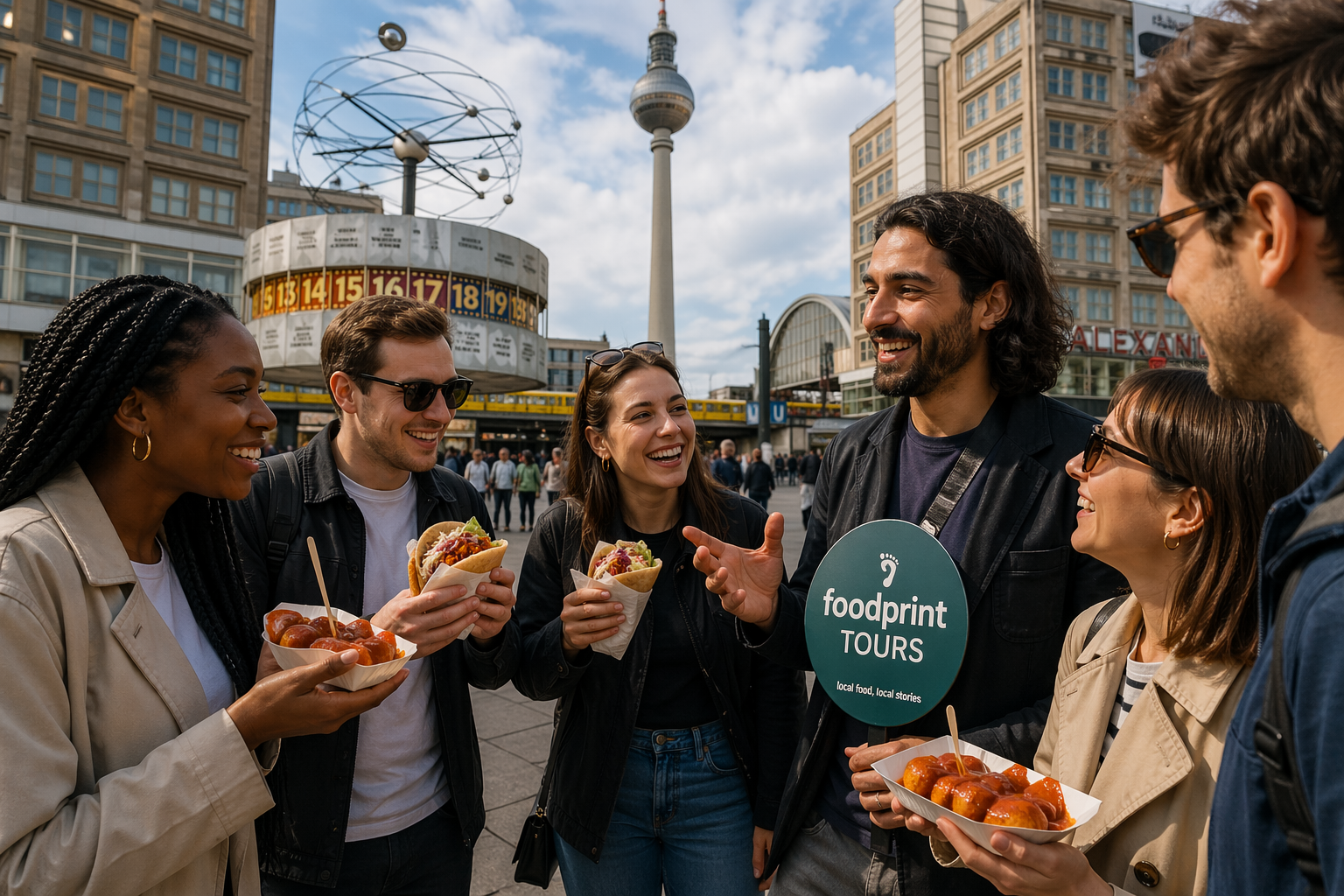 Diverse travelers tasting currywurst and döner with a guide at Alexanderplatz on a Berlin food tour
