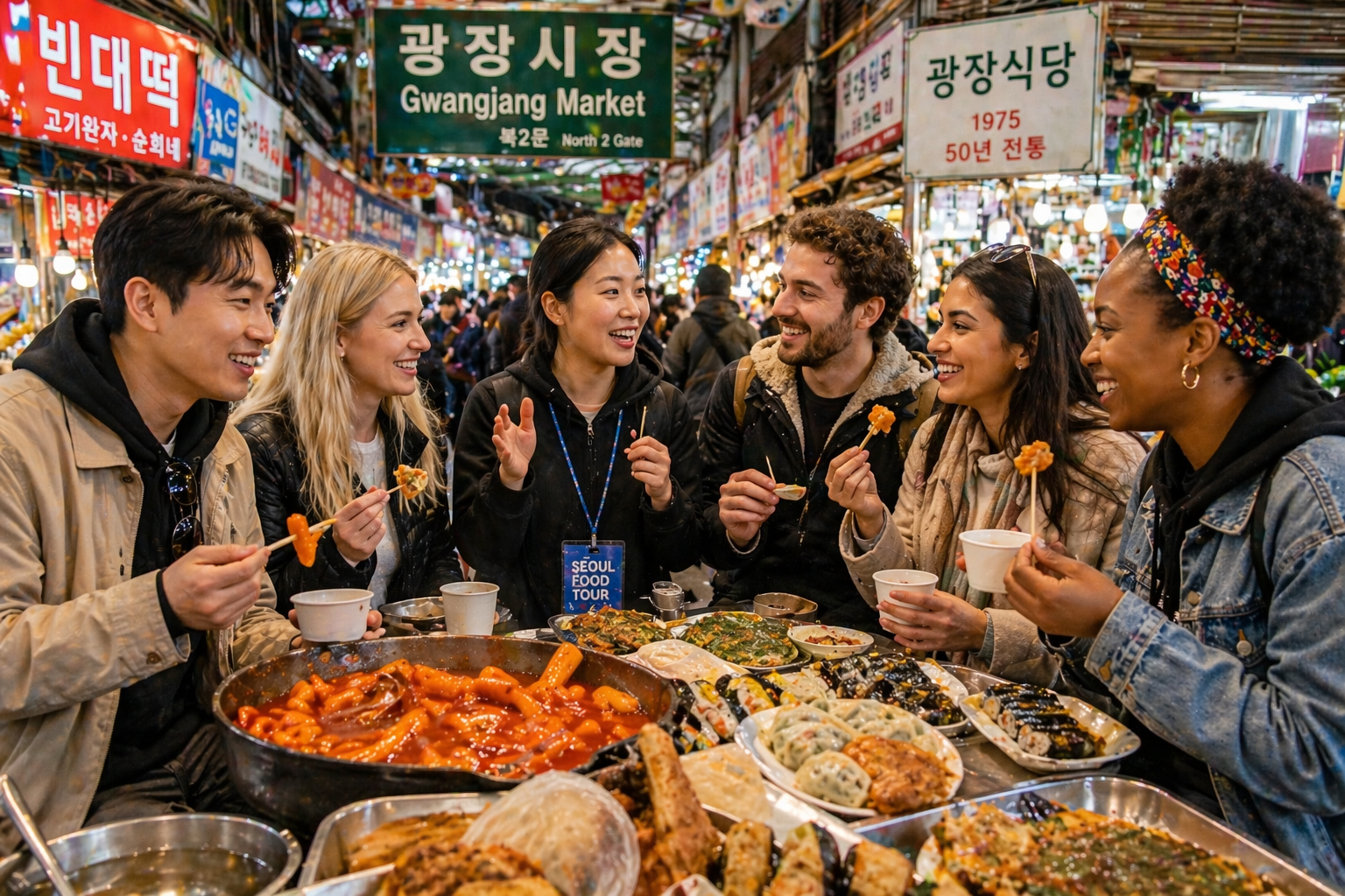 Diverse travelers enjoying Korean street food with guide on a Seoul food tour at Gwangjang Market