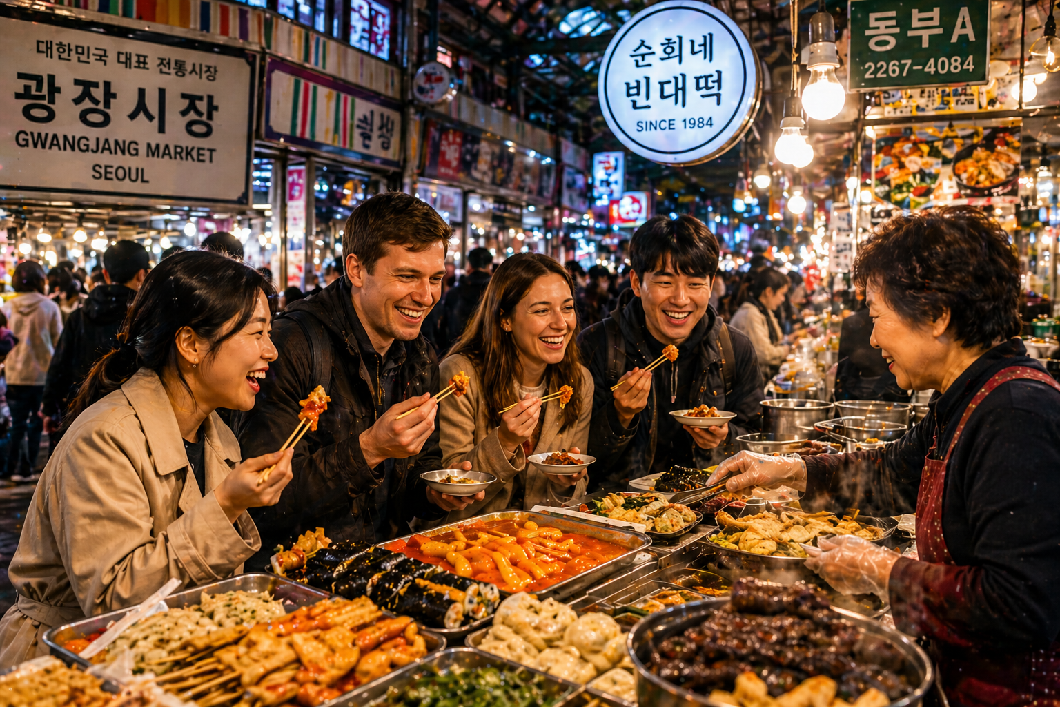 Reisende genießen koreanisches Street Food nachts im Gwangjang Market während einer Seoul Food Tour