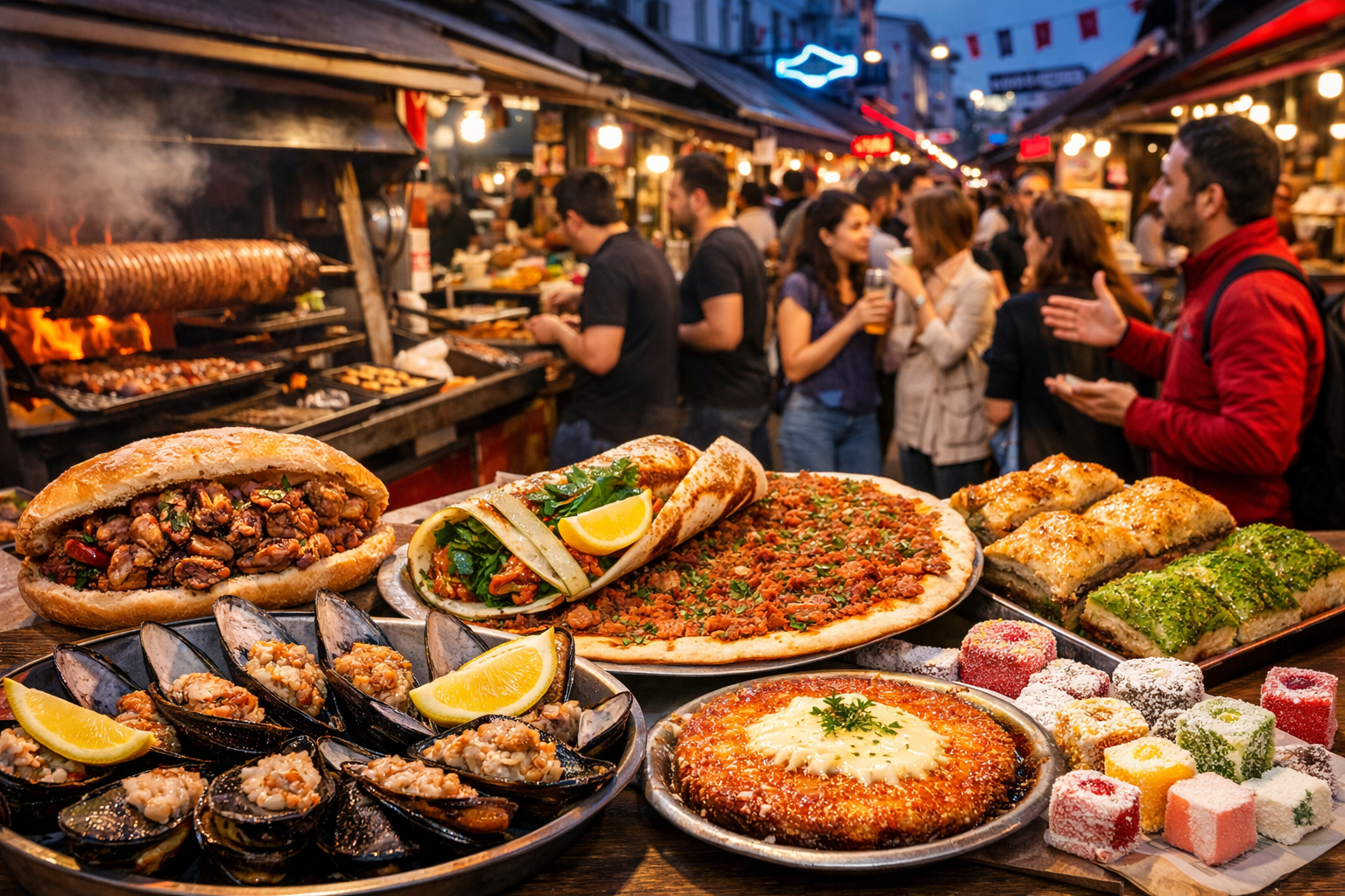 Street food in Kadıköy Istanbul featuring lahmacun, kokoreç, and local Turkish dishes in a market