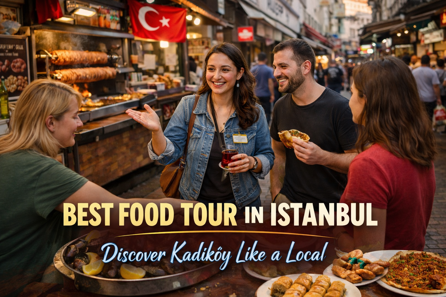 Food tour in Kadıköy Istanbul with travelers tasting local Turkish dishes and exploring vibes