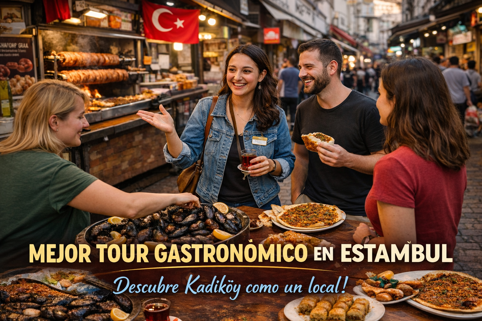 Food tour en Kadıköy Estambul con viajeros probando comida local turca en calles vibrantes