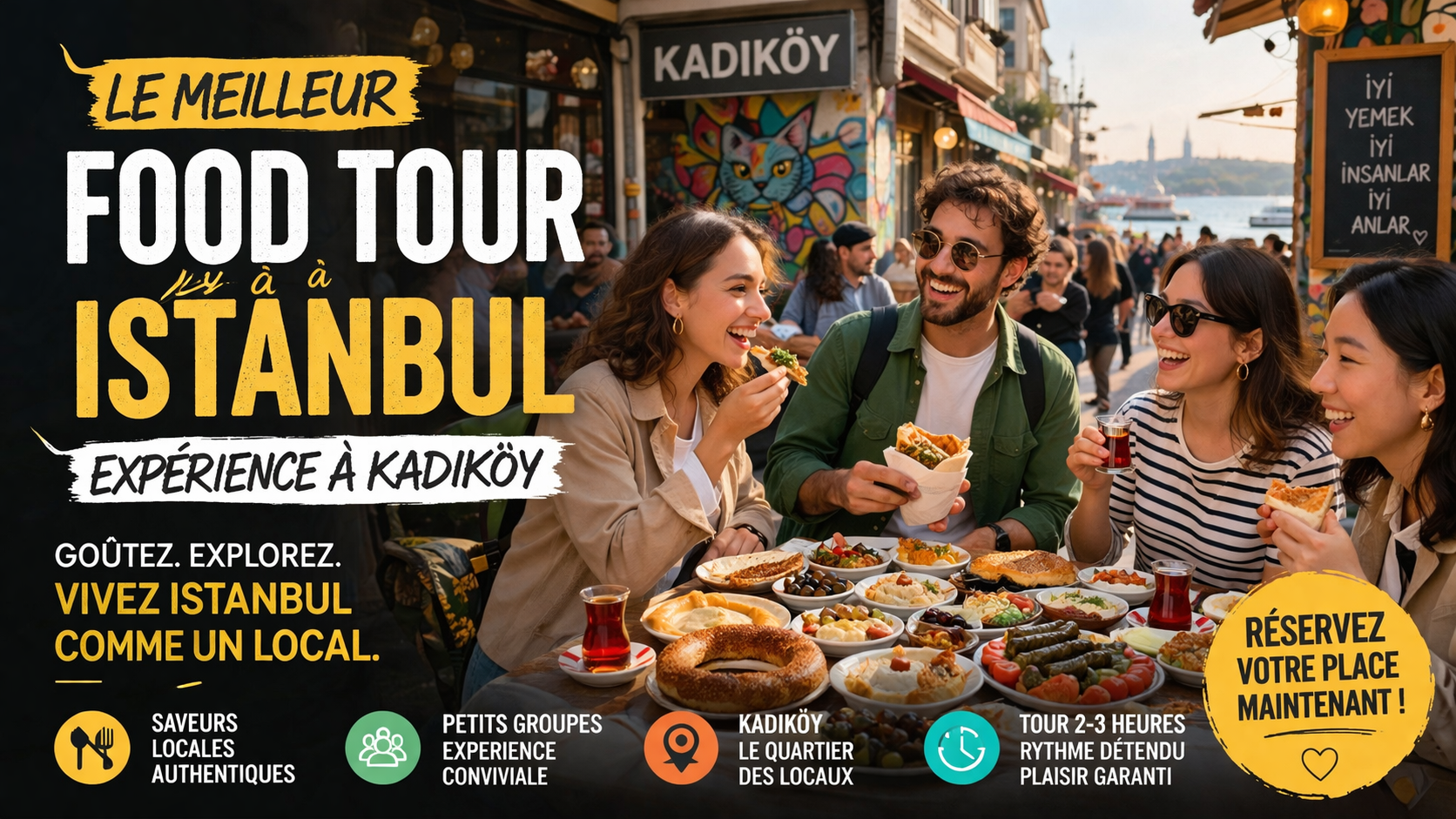 Food tour à Kadıköy Istanbul avec des voyageurs dégustant des spécialités turques des