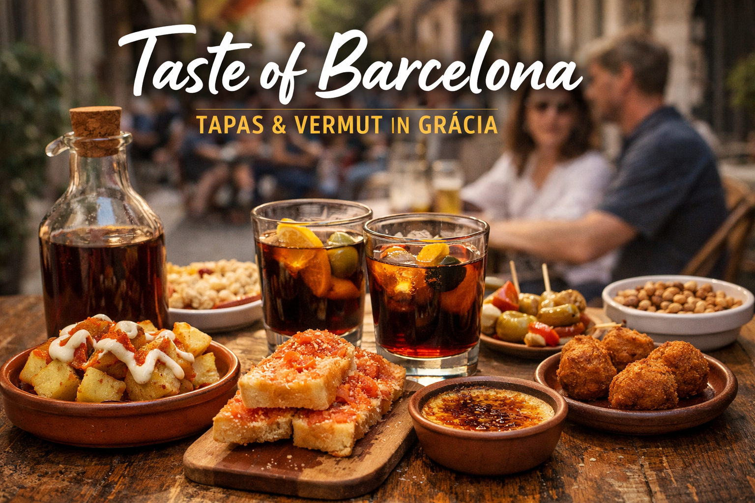 Tapas and vermut in Gràcia Barcelona on a small-group food tour with local dishes and dessert